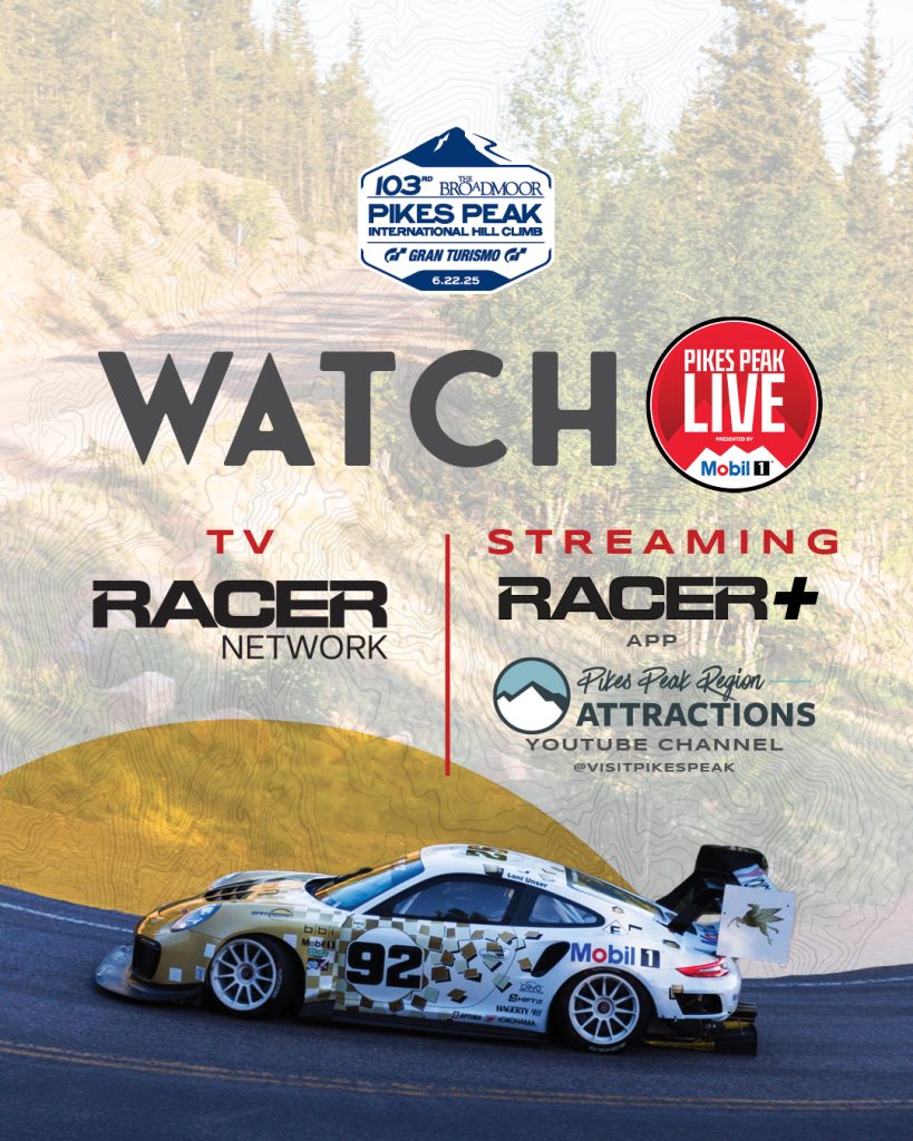 Watch Pikes Peak Live presented by Mobil 1 on the RACER Network, RACER+ App, and the Pikes Peak Region Attractions YouTube Channel.